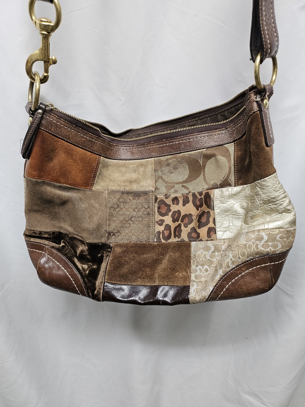 Coach Patchwork Leather & Suede Shoulder Bag - Brown, Tan, Cream